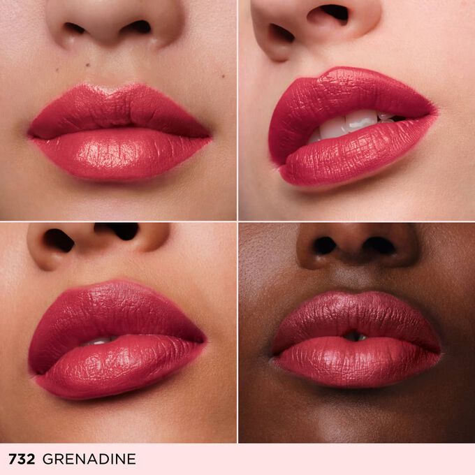Four close ups of diverse women lips wearing a rosy pink cream lipstick to showcase inclusive color representation.