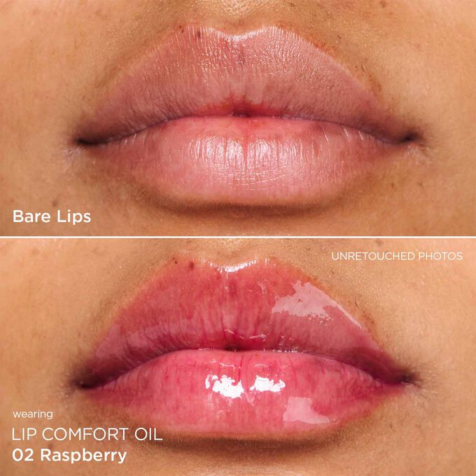 Before and after close-up of a woman’s lips, showing the results after applying the dark pink lip oil