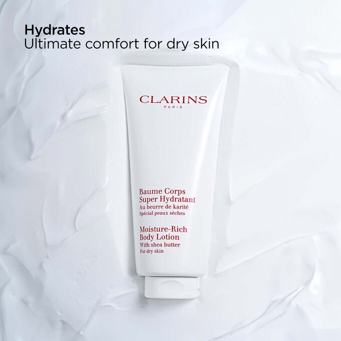 Clarins Moisture-Rich Body Lotion packshot, highlighting its hydrating properties for ultimate comfort on dry skin.