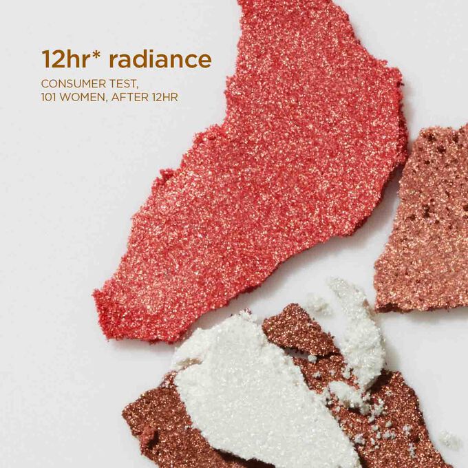 Close-up of various blush powder shades, with text illustrating the palette’s 12-hour radiance for a vibrant glow