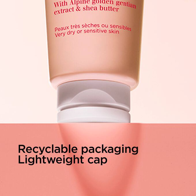 Focus on the cap of the foaming gentle cleanser to illustrate the recyclable packaging and the light weight cap