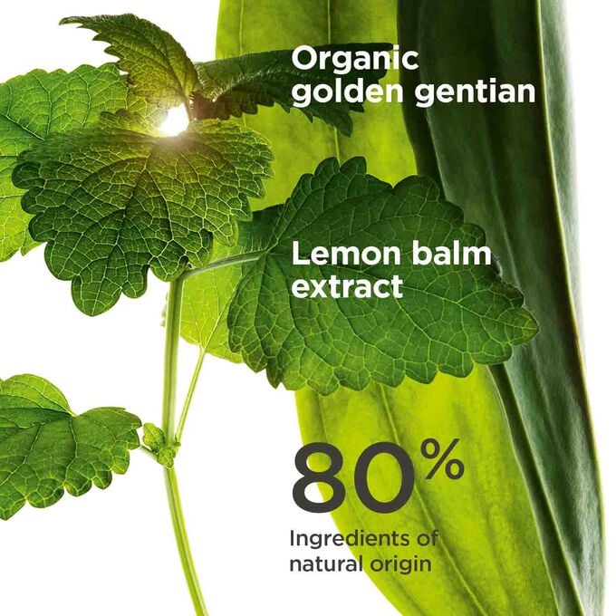 Focus on the gloden gentian and lemon balm extract, highlighting that the product is made of 80% natural origin ingredients.
