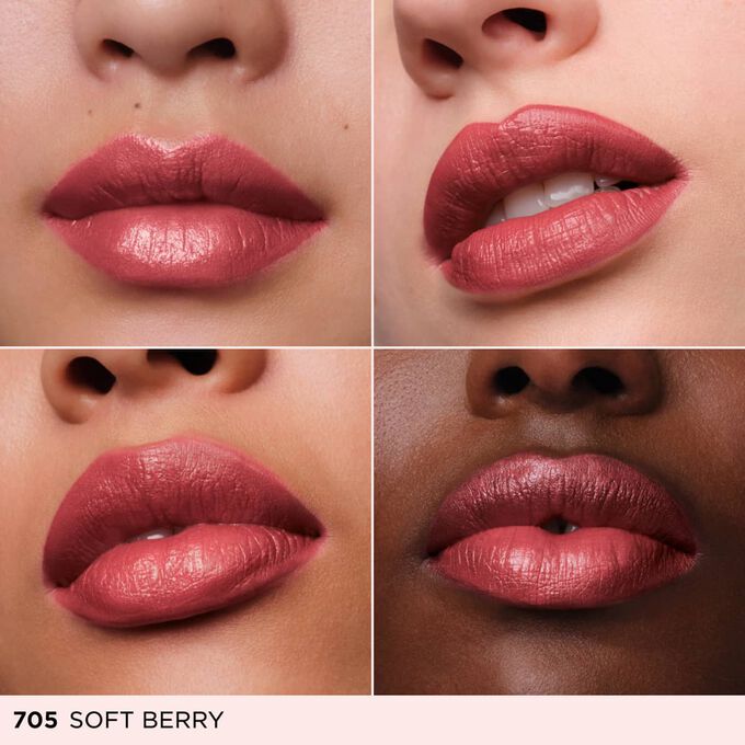 Four close ups of diverse women lips wearing a rosy pink cream lipstick to showcase inclusive color representation.