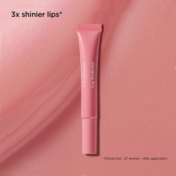 Packshot of Clarins Lip Perfector 01 Rose Shimmer lip balm with text emphasising its nourishing and natural glowing fects.