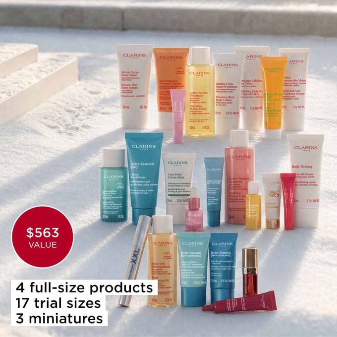 Clarins beauty advent calendar with 4 full size products 17 trial sizes and 3 miniatures worth 349 euros in total.