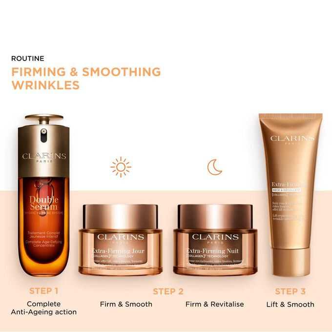Must-have day and night anti-age routine for face, neck, and d&eacute;collet&eacute;: serum and anti-wrinkle cream for visible firmness.