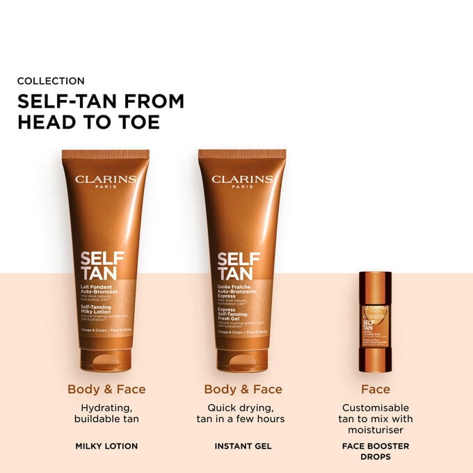 Packshot of Clarins Fake-Tanning range including Self-Tanning Face and Body products for a radiant, golden, sun-kissed glow.