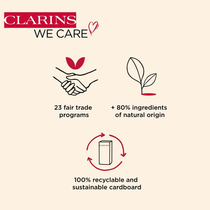 Clarins promotes sustainability with 23 fair trade initiatives, and fully recyclable packaging.