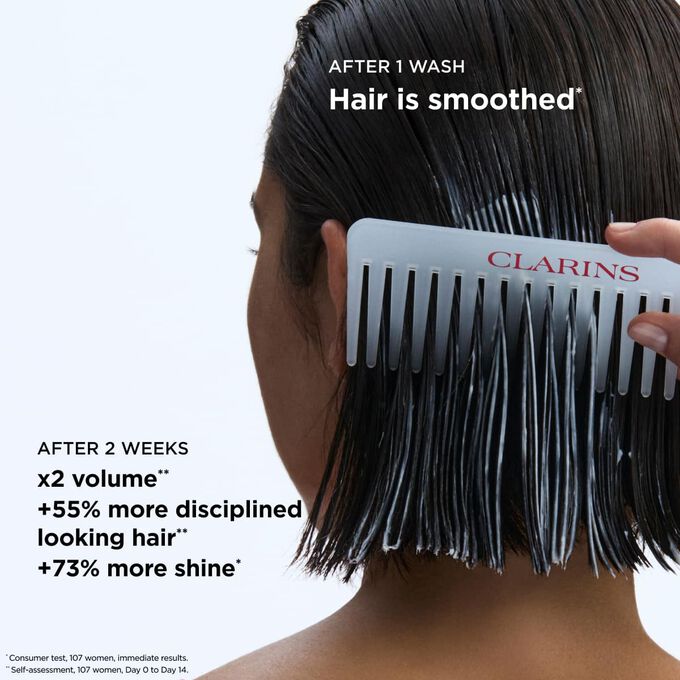 Smoothing conditioner results on hair: twice more volume and seventy-three percent more shine for easy to style hair.