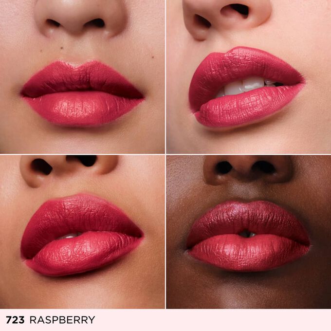 Four close ups of diverse women lips wearing a rosy pink cream lipstick to showcase inclusive color representation.