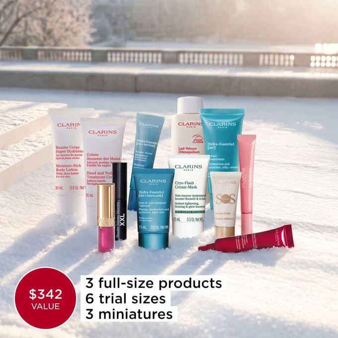 Clarins 12 day beauty advent calendar filled with skincare bodycare and makeup full size and travel minis in red box.