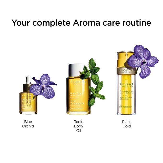 Blue Orchid Treatment Oil skin pampering routine  with Tonic Body Oil and Plant Gold