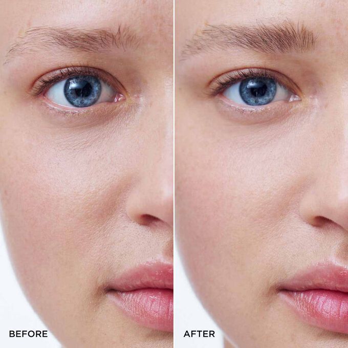 Before and after of a woman&rsquo;s brows using Clarins Ash Blond Tinted Brow Gel, showing fuller, more defined, and natural results.