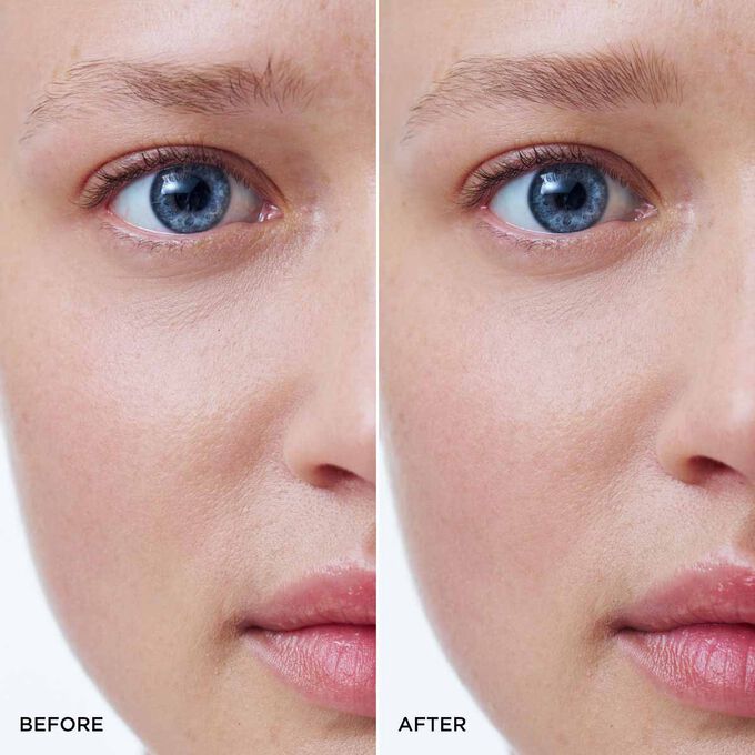 Before and after of a woman&rsquo;s brows using the Clarins 2-in-1 Blond Brow Pencil, showing fuller and more structured brows.