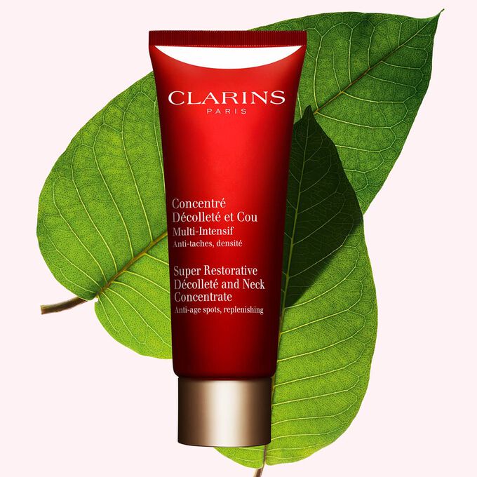 Clarins Super Restorative Decollete and Neck Concentrate to diminish dark spots and reduce deep wrinkles for smooth skin.