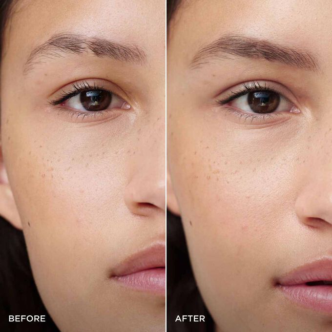 Before and after of a woman&rsquo;s brows using Clarins 2-in-1 Warm Brown Brow Pencil, showing fuller, defined, and structured results.