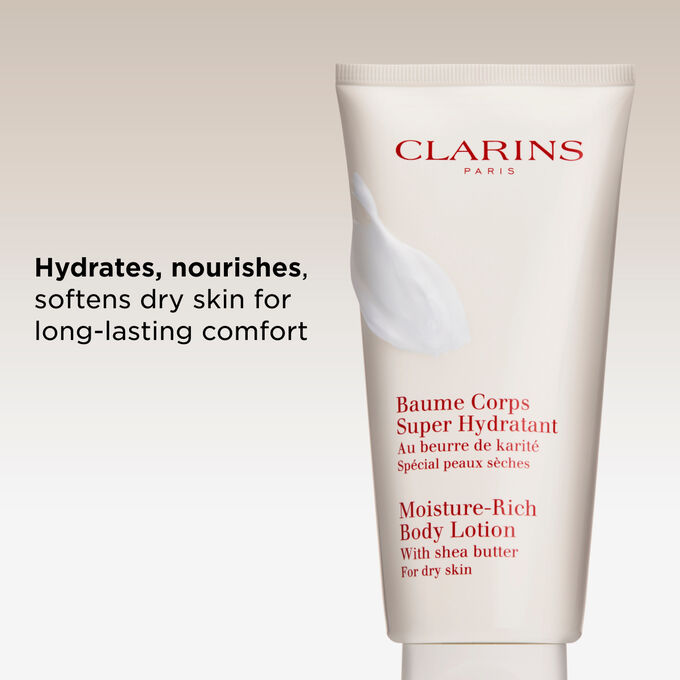 Moisture rich body lotion tube showing key product benefits to hydrate nourish and soften very dry skin types.