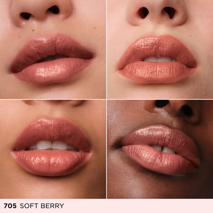 This hydrating shine lipstick enhances different lip tones, revealing a luminous red lipstick with a shine finish glow.
