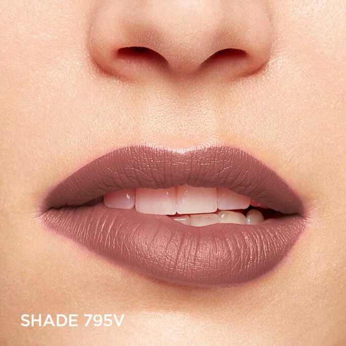 Close-up of a woman’s lips, showcasing the hydration and colour results after applying Joli Rouge in Shade 795 V