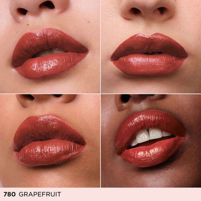 This hydrating shine lipstick enhances different lip tones, revealing a luminous red lipstick with a shine finish glow.