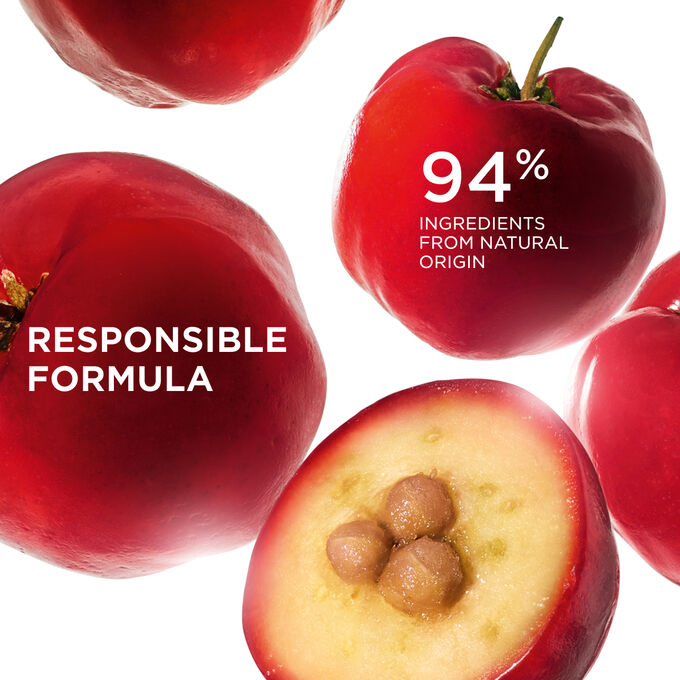 Focus on acerola fruits, illustrating a responsible formula with 95% ingredients from natural origin in Clarins products.