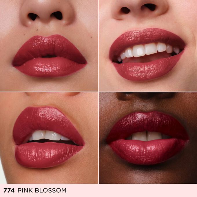 Four close ups of diverse women lips wearing a rosy pink cream lipstick to showcase inclusive color representation.