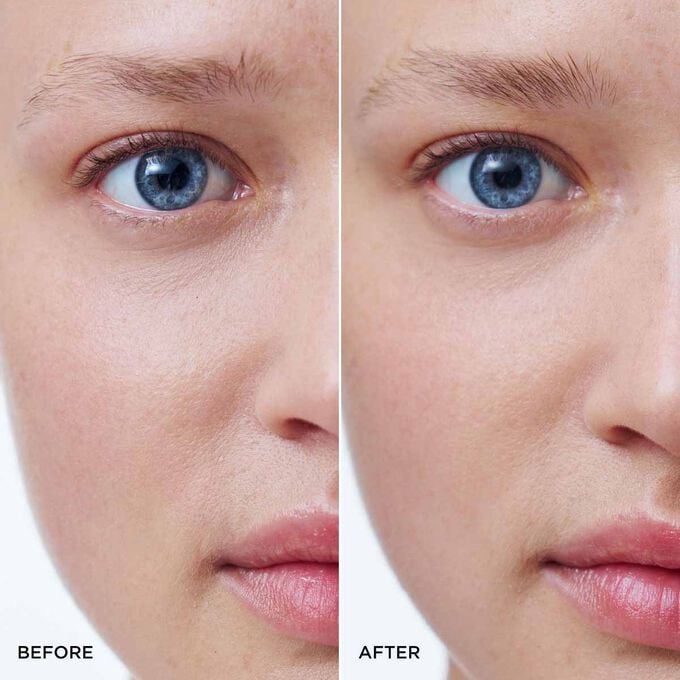 Before and after of a woman&rsquo;s brows using Clarins Not Teinted Brow Gel, showing lifted, structured, and naturally defined results.